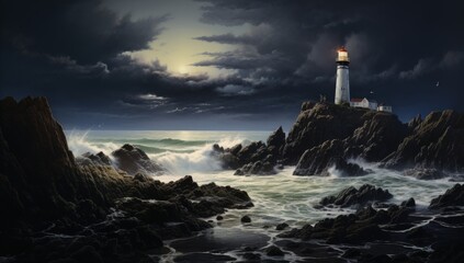 Wall Mural - Dramatic Shoreline Lighthouse Facing Night's Tempest