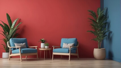 Poster - Minimalist modern living room interior, blue wooden arm chairs and empty red wall color background