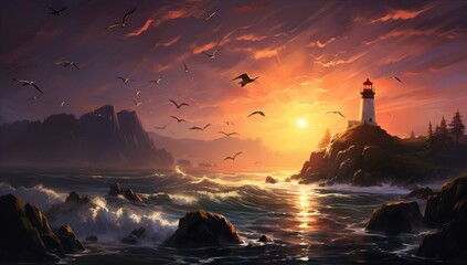 Wall Mural - Storm's Embrace Lighthouse in Turbulent Night