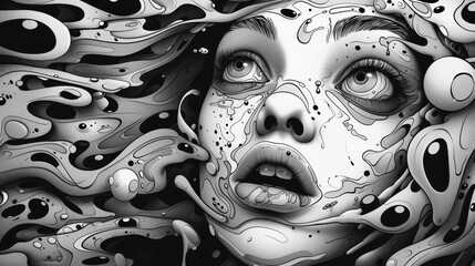 Canvas Print - A black and white drawing of a woman with lots of bubbles, AI