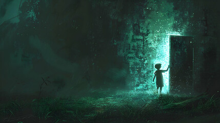 child standing in a dark place and opening a door lit from within, digital art style, illustration painting
