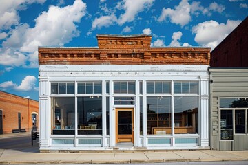 Small Building. Commercial Exterior with Glass FaÃ§ade against City Skyline