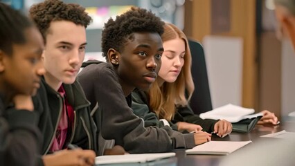 Poster - Diverse young men sitting closely next to each other in a classroom setting, A classroom filled with diverse students collaborating on a project