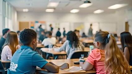 Poster - A group of diverse students are seated at desks in a classroom, engaged in learning activities, A classroom filled with diverse students engaged in collaborative learning