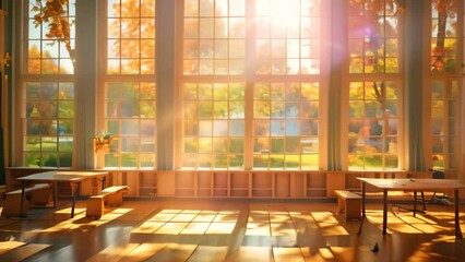 Poster - A room filled with wooden benches and lots of windows on a sunny day, A classroom with large windows overlooking a sunny playground