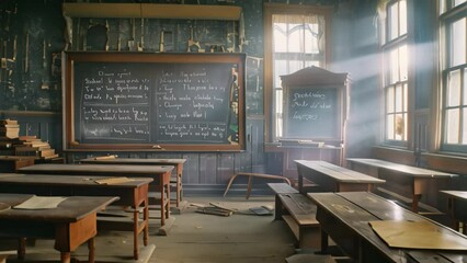 Poster - An educational setting with traditional wooden desks arranged facing a chalkboard at the front, A classroom with wooden desks, chalkboards, and old textbooks scattered around