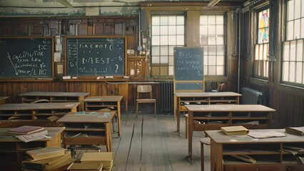 Poster - An old classroom packed with numerous wooden desks lined up neatly, with chalkboards in the background, A classroom with wooden desks, chalkboards, and old textbooks scattered around