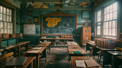 Poster - Classroom setting with wooden desks arranged and a chalkboard on the wall, A classroom with wooden desks, chalkboards, and old textbooks scattered around