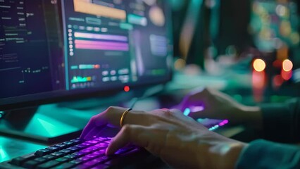 Poster - Close-up of a persons hands typing on a keyboard in front of a computer monitor, A close-up of hands typing on a keyboard while studying data on a computer screen
