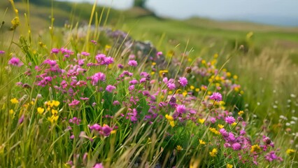 Sticker - Various wildflowers blooming in a field, creating a vibrant display of color and diversity, A cluster of vibrant wildflowers lining the edge of the course