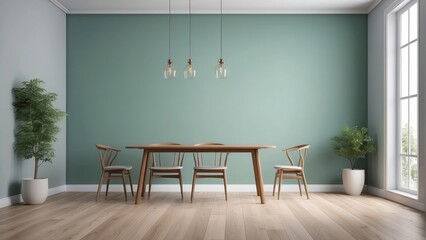Poster - minimalist dining room and cloudy green wall texture background, chairs decor, wooden floor