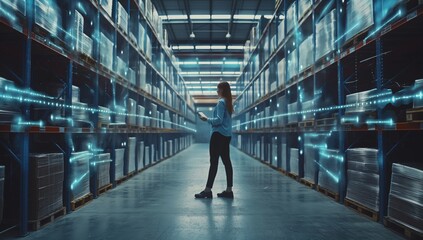 Leinwandbilder - Futuristic warehouse with digital interfaces, advanced storage solutions, and efficient operations aims to enhance business management and innovation in logistics and supply chain efficiency
