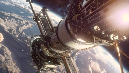 Poster - Artists depiction of a high-tech space station in orbit around Earth, A conceptual drawing for a space elevator reaching into the stars