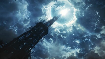 Poster - A space station hovers in the vast expanse of a galaxy, a futuristic structure against a backdrop of stars, A conceptual drawing for a space elevator reaching into the stars