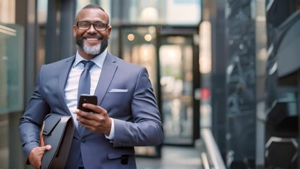 Poster - a man in a suit is focused on his cell phone, possibly checking emails or messages, a confident entr