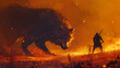 © ramzan - hunter with a bow facing a giant wolf in the fire meadow., digital art style, illustration painting