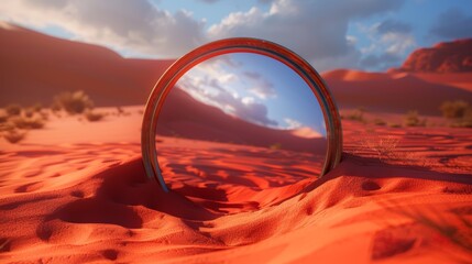 Sticker - A mirror reflecting the sky in a desert landscape, AI