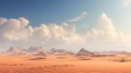 A desert landscape with sand dunes stretching as far as the eye can see.