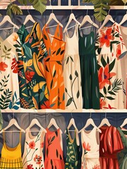Aufkleber - A variety of fashionable womens dresses and shirts displayed on hangers in a summer closet setting. Generative AI
