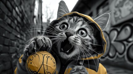 Wall Mural - A cat in a yellow jacket holding an orange ball, AI