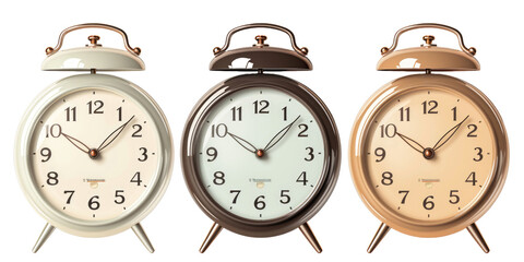 Set of retro vintage and modern stylish bedside alarm clocks and wall clocks isolated on a white transparent background