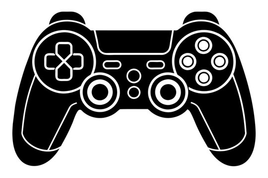 A black and white silhouette of a video game controller on a white background