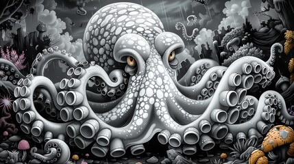 Poster - An octopus is sitting in a dark room with many other creatures, AI