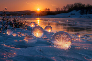 Poster - Captivating winter scene with glowing glass orbs scattered on a snowy riverbank as the sun sets, casting warm lights on the icy landscape.