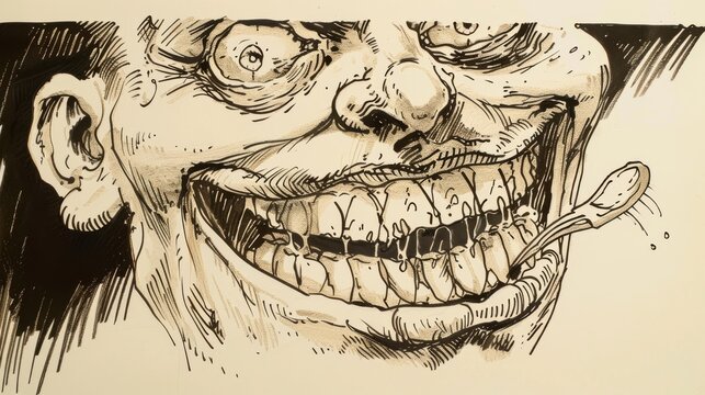 Creepy caricature drawing of a man with a wide grin for a humorous design