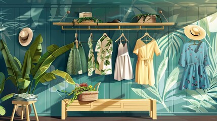 Aufkleber - A room filled with various dresses and shirts hanging on a rack, creating a fashionable display in a womens closet. Generative AI