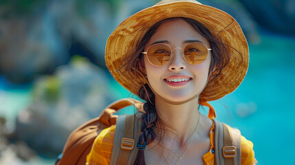 portrait of a asian girl hiking at a travel with summer hat