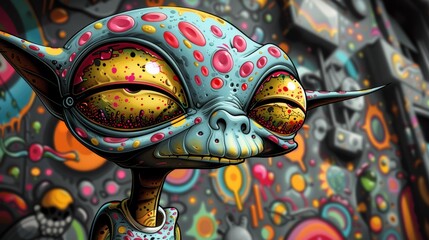 Wall Mural - A cartoon alien with a big smile painted on its face, AI