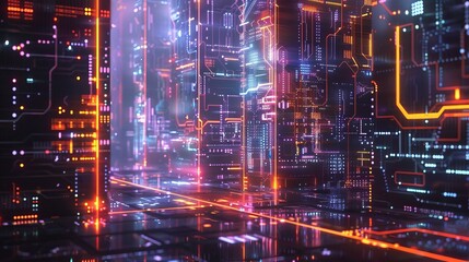 Wall Mural - Cyberpunk city made of digital circuits for technology or sci-fi design