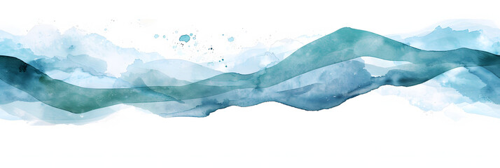 Poster - A blue and teal curved river in watercolor, simple with a white background and white space. AI