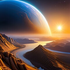 Canvas Print - Rising sun behind the planet