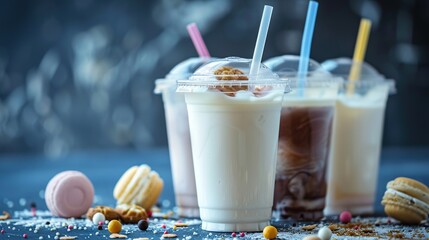 plastic or glass cups with milk drink, straw and sweet food. generative ai