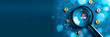 © john - Closeup of magnifying glass with target and person icons on blue background, symbolizing horizon for potential new customer or employee. AI