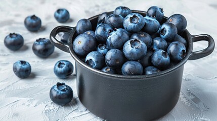 Wall Mural - Pot with ripe blueberries on light table . Generative Ai