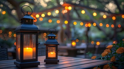 Two candles are lit in lanterns on a table