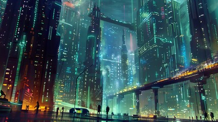 Wall Mural - Futuristic city with neon lights and glowing skyscrapers