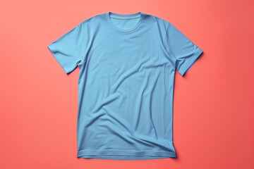 Light blue t-shirt mockup on a coral background, laying flat, isolated in HD