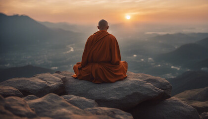 Sticker - rear view of a monk sitting on a rocky mountaintop watching the sunset 
