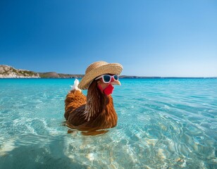 A chicken in a straw hat and sunglasses wades through a blue body of water beneath a clear blue sky