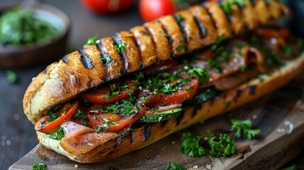 Poster - gourmet sandwiches, delicious grilled vegetable and ham grinder, a hearty and satisfying option for a simple and speedy dinner