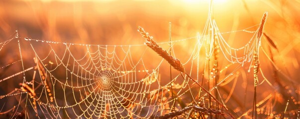 A spider web is seen in a field of flowers. The web is very large and is spread across the entire field. Concept of stillness and tranquility