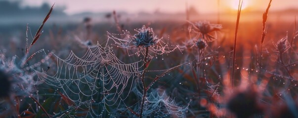 A spider web is seen in a field of flowers. The web is very large and is spread across the entire field. Concept of stillness and tranquility