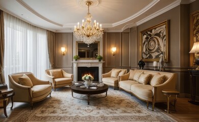 Elegant professional photograph of a white and gold luxury living room interior with a grand chandelier and lush greenery