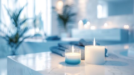 Abstract blur contemporary interior bathroom in blue color background with white marble table with aroma candles for show, promote and design content or product on display concept