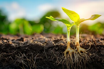 close-up of young green plants growing in fertile soil with roots exposed, bathed in sunlight. conce