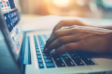 Close-up of hands typing swiftly on a laptop keyboard, focused on business communications.